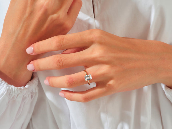 Emerald Cut Real Moissanite 4 Prong Solitaire Ring 14K Gold Plated