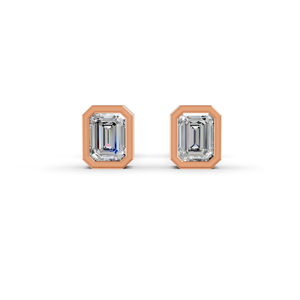 Emerald Cut Real Moissanite Bezel Set Solitaire Stud Earrings Screw Back 14K Gold Plated