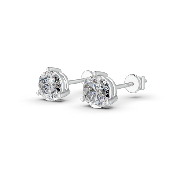 Round Cut Real Moissanite 3 Prong Solitaire Stud Earrings 14K Gold Plated