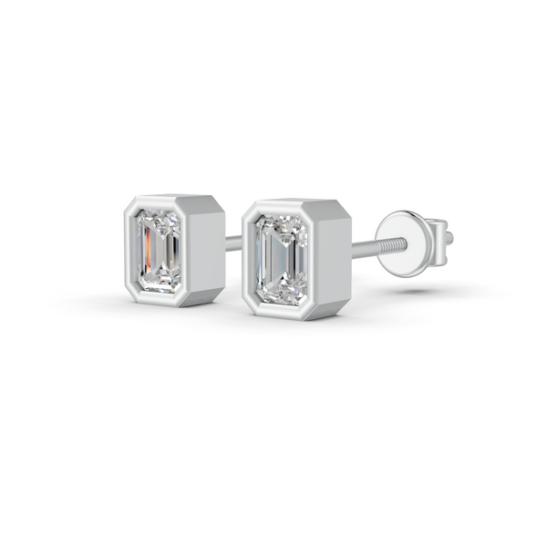 Emerald Cut Real Moissanite Bezel Set Solitaire Stud Earrings Screw Back 14K Gold Plated