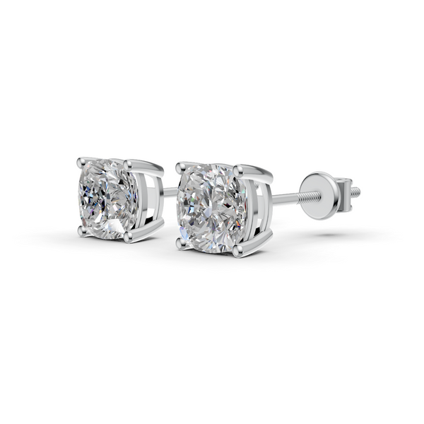 Cushion Cut Real Moissanite 4 Prong Solitaire Stud Earrings Screw Back 14K Gold Plated