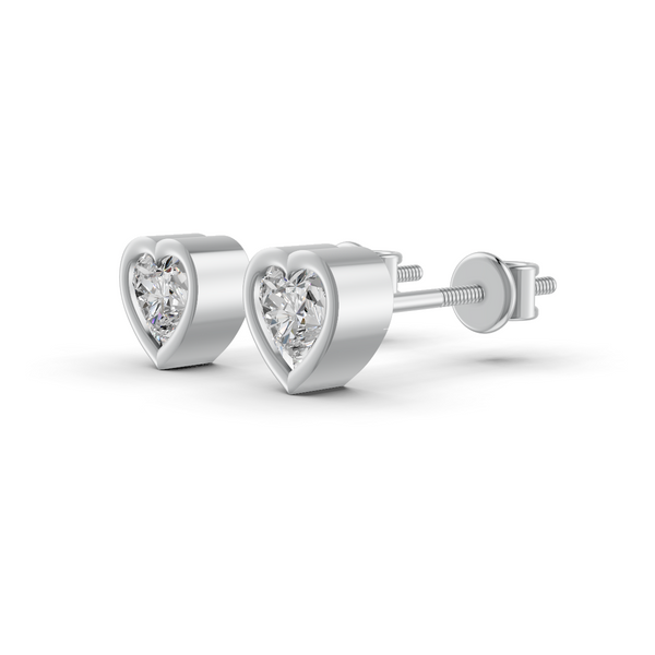 Heart Cut Real Moissanite Bezel Set Solitaire Stud Earrings Screw Back 14K Gold Plated