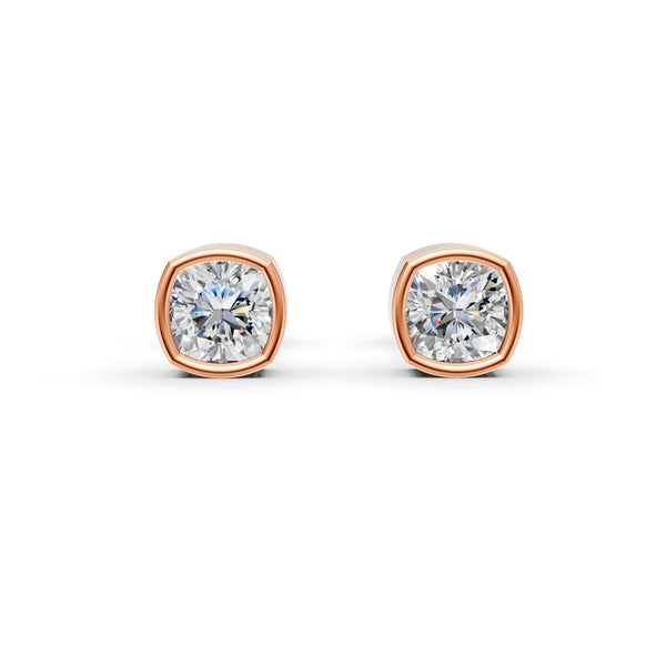 Cushion Cut Real Moissanite Bezel Set Solitaire Stud Earrings Screw Back 14K Gold Plated