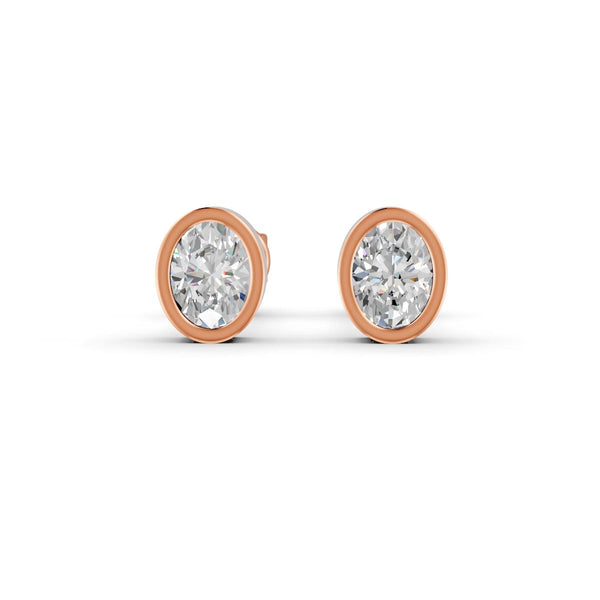 Oval Cut Real Moissanite Bezel Set Solitaire Stud Earrings Screw Back 14K Gold Plated