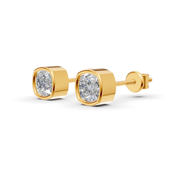 Cushion Cut Real Moissanite Bezel Set Solitaire Stud Earrings Screw Back 14K Gold Plated