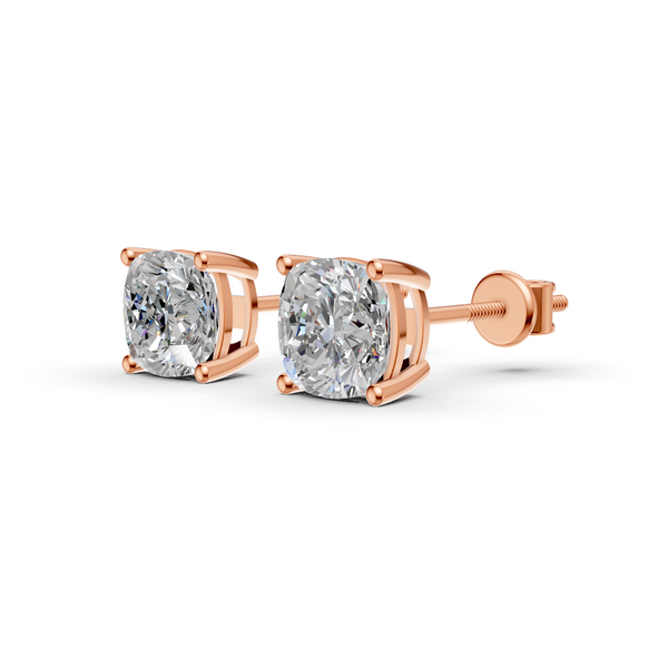 Cushion Cut Real Moissanite 4 Prong Solitaire Stud Earrings Screw Back 14K Gold Plated